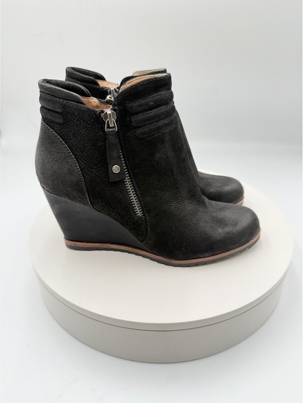 Biala Ashton Black Leather Wedge Ankle Boots Side Zip Size 37M US 6.5